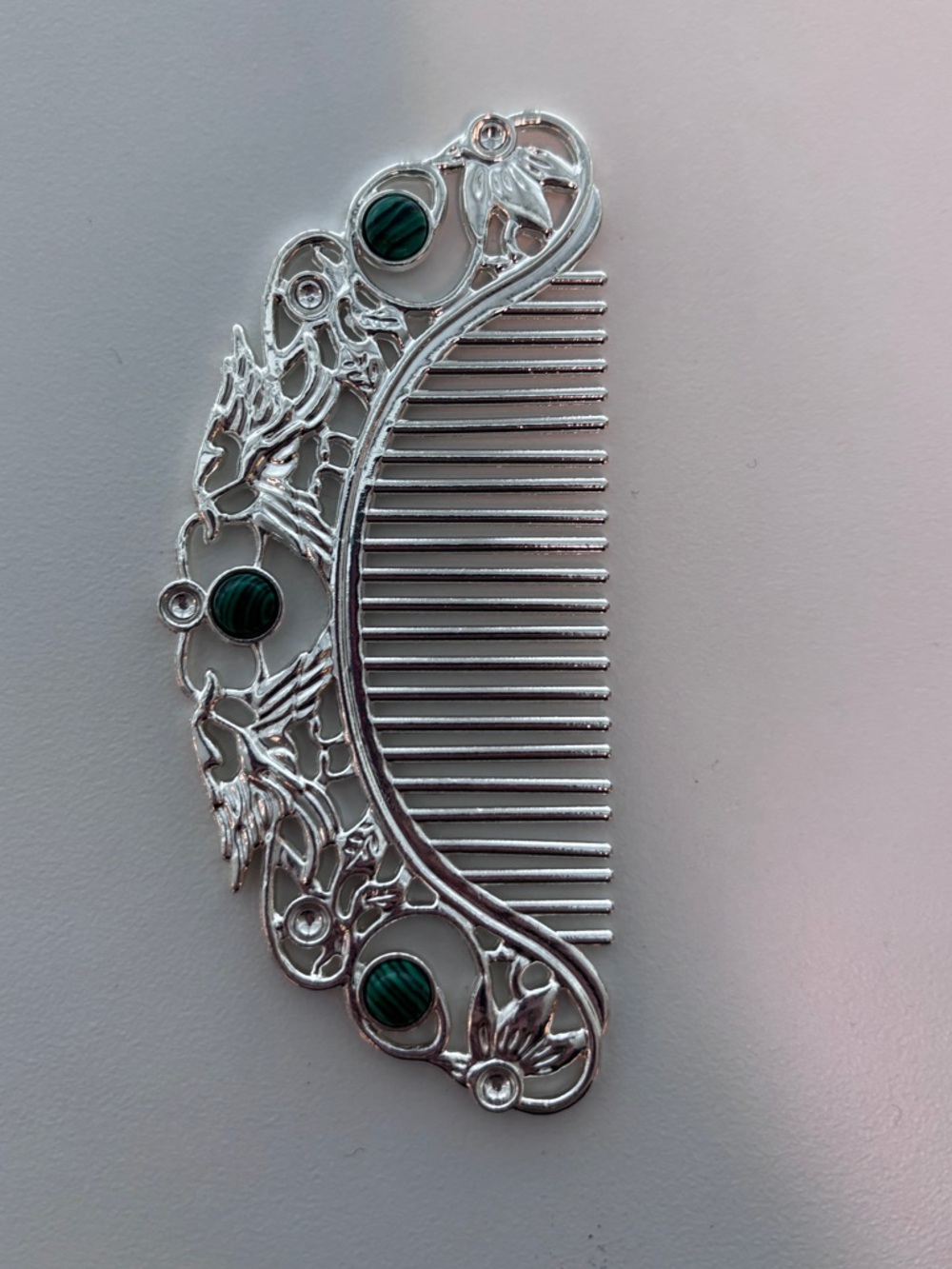 Asian Decorative Silver Malachite Stone Hair Comb